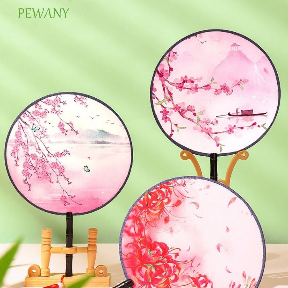 PEWANY絲質扇子,雙面復古圓形手扇,裝飾性長柄中國風流蘇水墨畫扇子攝影道具