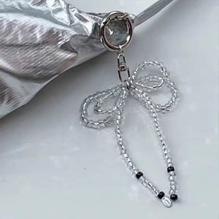 小眾潮牌ins風時尚可愛蝴蝶結串珠手機掛繩包包吊飾透明水晶