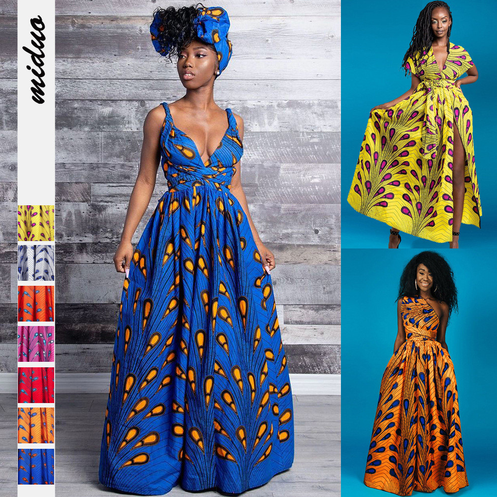亞馬遜ebay非洲女裝印花DIY多穿性感綁帶洋裝中東開叉拖地裙子