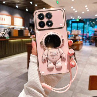 XIAOMI 可愛的宇航員手機殼適用於小米 Poco X6 X5 Pro 5G 帶掛繩防震軟矽膠電鍍支架手機殼保護套