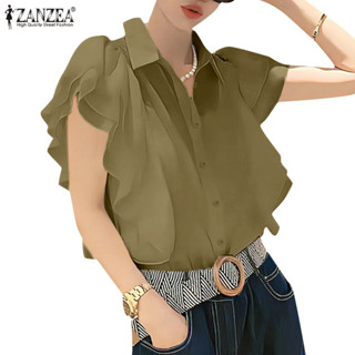 Zanzea 女式韓版休閒襯衫領滑色荷葉邊袖襯衫
