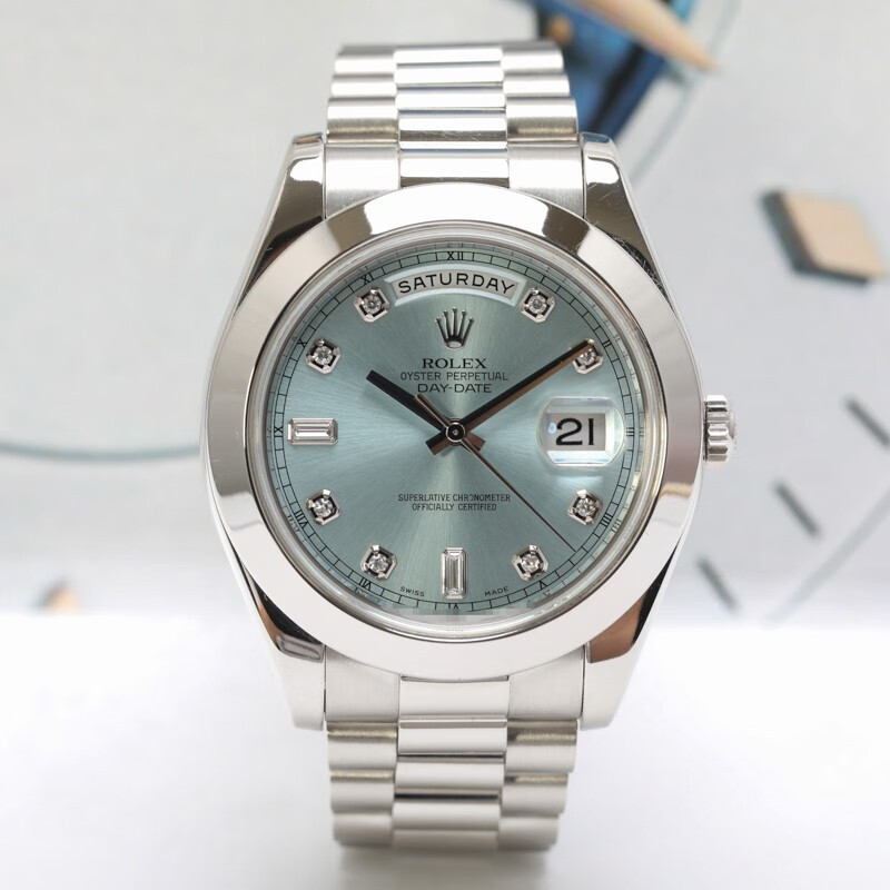 勞力士男士手錶218206 星期日期系列模型手錶 41 毫米鉑金鑽石淺藍色錶盤日期顯示機械表
