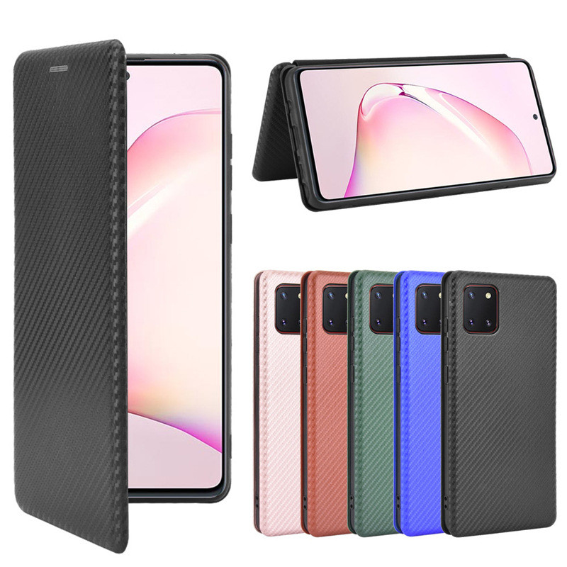 適用Samsung 三星A81/M60S/Note 10 Lite手機套磁扣插卡翻蓋耐髒耐磨碳纖維皮套素面書本式手機殼