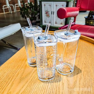 臺灣發貨/ins簡約帶把條紋吸管高顔值咖啡盃牛奶水盃飲料傢用帶蓋玻璃盃 3 6 1 4