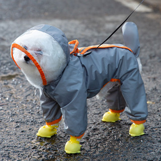 可牽引狗狗雨衣透明帶尾巴泰迪中小型犬寵物雨衣 明寵撞色磨砂包邊 風雨藍 橙色XS-L