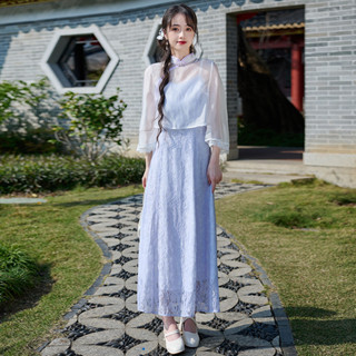 【桃喜Rich現貨】新中式女裝 改良旗袍 復古立領盤扣網紗白色外披 重工提花吊帶紫色連衣裙套裝 古典日常旗袍 國風洋裝
