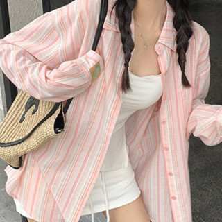 慵懶風條紋薄款長袖防曬襯衫女夏季新款寬鬆百搭休閒中長款上衣潮襯衫 女襯衫 長袖襯衫 女生襯衫 襯衫外套 條紋襯衫
