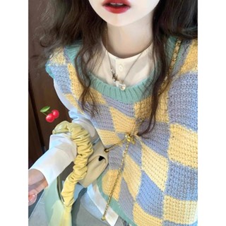 【HOT 本舖】 韓系學院風針織馬甲秋季撞色格子背心小眾疊穿坎肩女