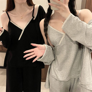 速發網紅帶胸墊睡衣女士春裝長款蕾絲吊帶三件套性感甜美家居服網紅帶胸墊睡衣女春秋長袖旗袍扣