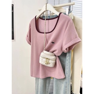 【店鋪熱銷】夏季新款t恤女寬鬆大尺碼遮肉洋氣上衣女微胖顯瘦方領正肩短袖韓版