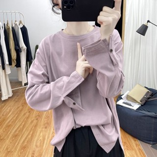大碼設計感袖口開叉長袖上衣女2024秋季新款寬鬆顯瘦遮肚子打底衫