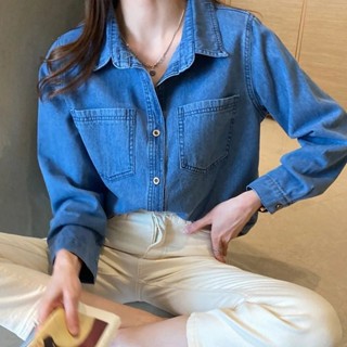 正韓風春秋新款牛仔外套寬鬆顯瘦 長袖外套丹寧外套 BF風學生學院風減齡夾克女生短版上衣著 中長款夯復古翻領牛仔襯衫韓版