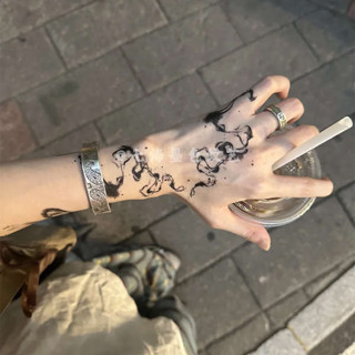 紋身貼紙防水 紋身貼紙 持久紋身貼紙 意識流水墨線條纏繞手背鎖骨手臂彩色紋身貼女防水持久甜酷貼紙