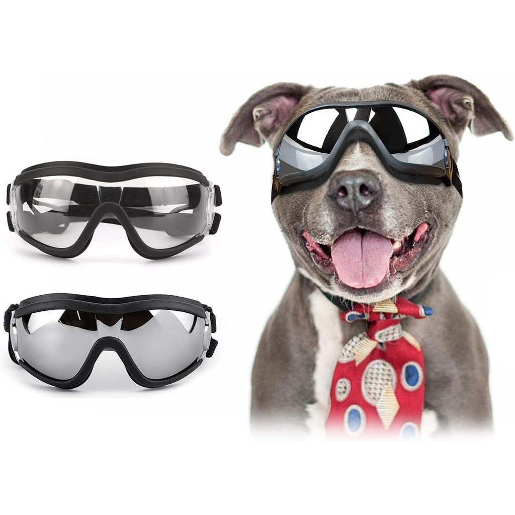 Atuban 狗護目鏡中型大型犬防紫外線狗太陽鏡防風防塵防雪寵物眼鏡適用於中型犬,鬆緊帶,透明/銀色/粉色