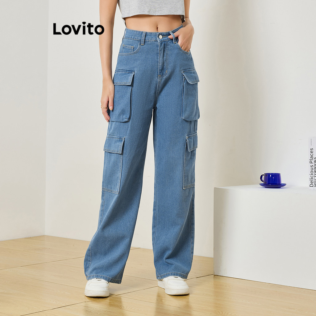 Lovito 女士休閒素色口袋牛仔褲 L83ED043
