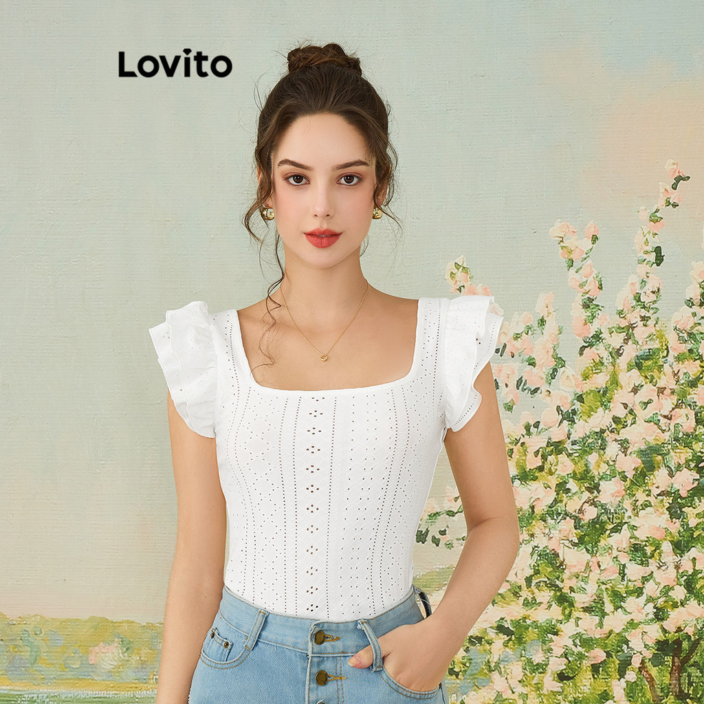 Lovito 波西米亞 女式素色生菜飾孔刺繡 T 恤 L83ED254