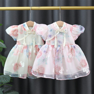 中國風童裝女童洋裝夏季嬰兒童女寶寶蝴蝶花朵改良旗袍公主裙子