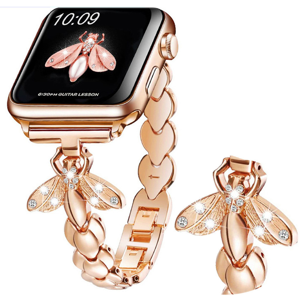 適用蘋果手錶帶 apple watch3/4/5/6/7/8 錶帶 iwatch9 小蜜蜂鑲鑽金屬錶帶