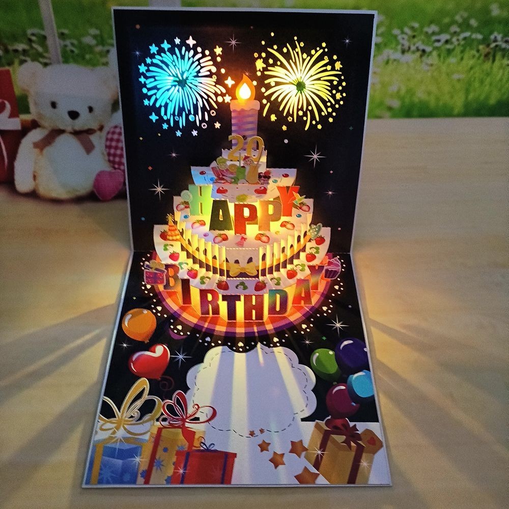 LILL ⊰蛋糕賀卡⊱ 現貨 3D立體 賀卡 生日蛋糕祝福自由換數字可愛磁控吹蠟燭綻放音發聲燈光