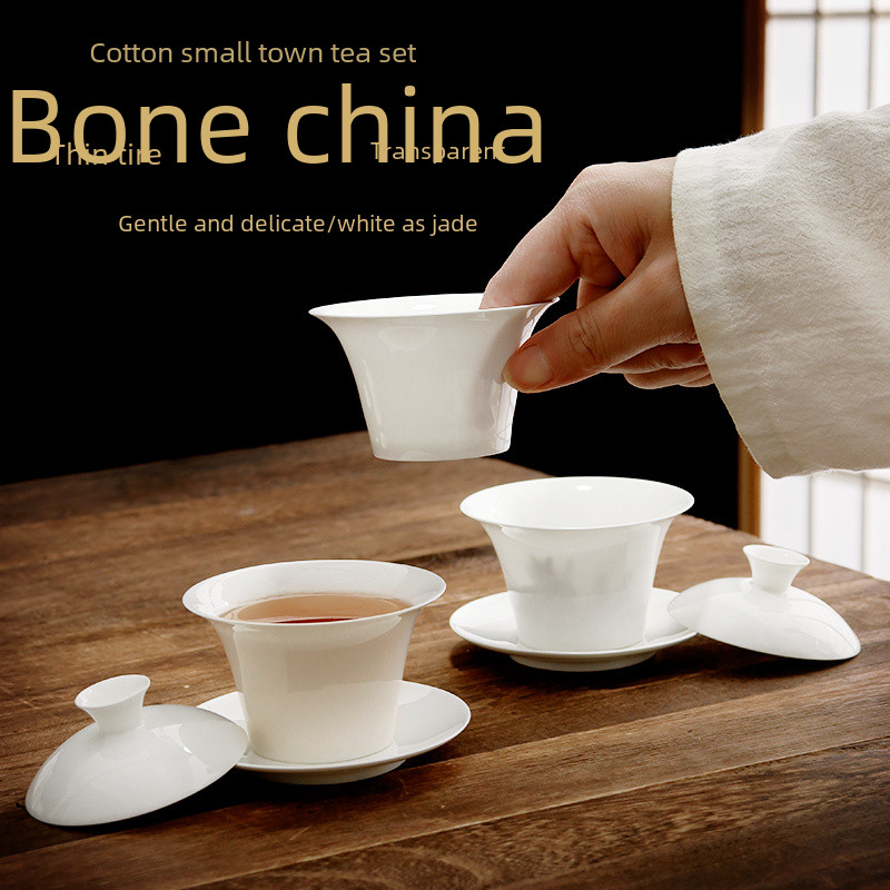 棉小城蓋碗潮州薄胎骨瓷馬蹄泡茶碗高檔白瓷三才蓋碗單個功夫茶具