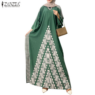 Zanzea 女式穆斯林復古圓領三分袖印花寬鬆長連衣裙