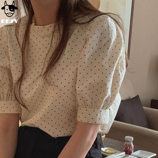 牛奶少女[任2件折30]韓國chic夏季法式小眾圓領寬鬆顯瘦百搭泡泡袖波點襯衫兩面穿襯衫