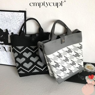 EMPTYCUP復古格子針織手提包,可重複使用大容量百搭休閒單肩包,新建民族風格購物袋女款斜挎包