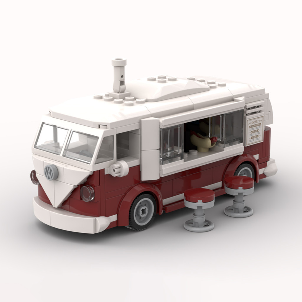 MOC創意積木汽車大眾 T1 食物餐車麵包車卡車拼插玩具套裝模型男
