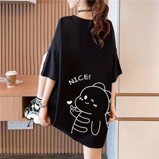 夏季創意卡通恐龍印花短袖寬鬆休閒中長款 Instagram 女式圓領上衣
