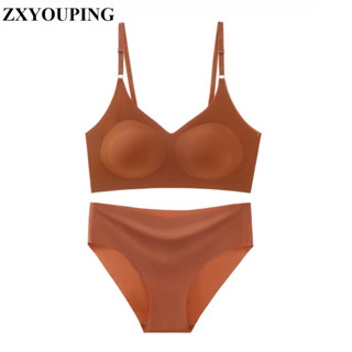 Zxyouping冰絲無縫內衣套裝性感低腰內褲美背聚攏文胸舒適無鋼圈可調節大碼