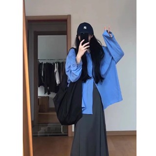 精選女裝 襯衫 克萊因藍純棉襯衫外套女春夏季港味chic慵懶風顯瘦寬鬆防曬襯衣女 長袖襯衣 女裝