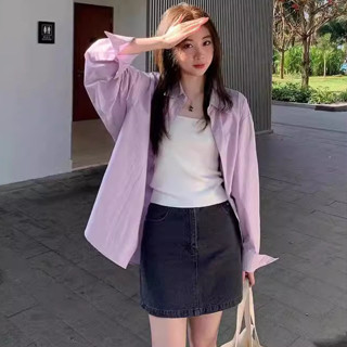 紫色長袖防曬襯衫女夏季新款氣質設計感外穿小眾寬鬆學生上衣襯衫 女襯衫 長袖襯衫 女生襯衫 襯衫外套 女生襯衫
