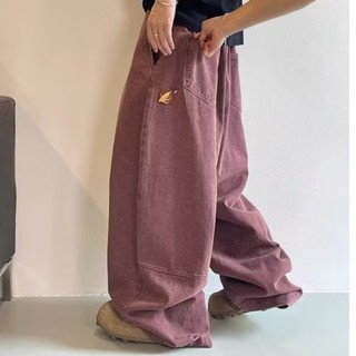 【HOT 本舖】男裝 美式酒紅色小火焰刺繡廓形牛仔褲男女拖地褲慵懶寬鬆復古水洗長褲
