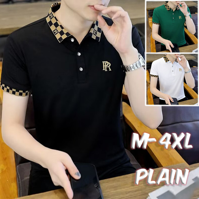 韓版男士polo衫刺繡m-4xl純色經典純色基本款立領休閒寬鬆短袖polo T恤
