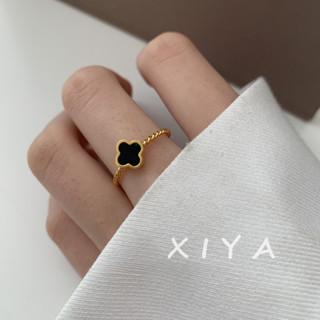 XIYA 鈦鋼黑色四葉草細款麻花戒指 韓版簡約氣質指環