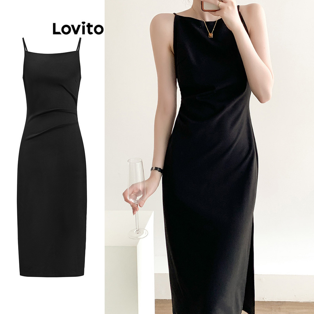Lovito 女款休閒素色褶飾洋裝 L83ED372