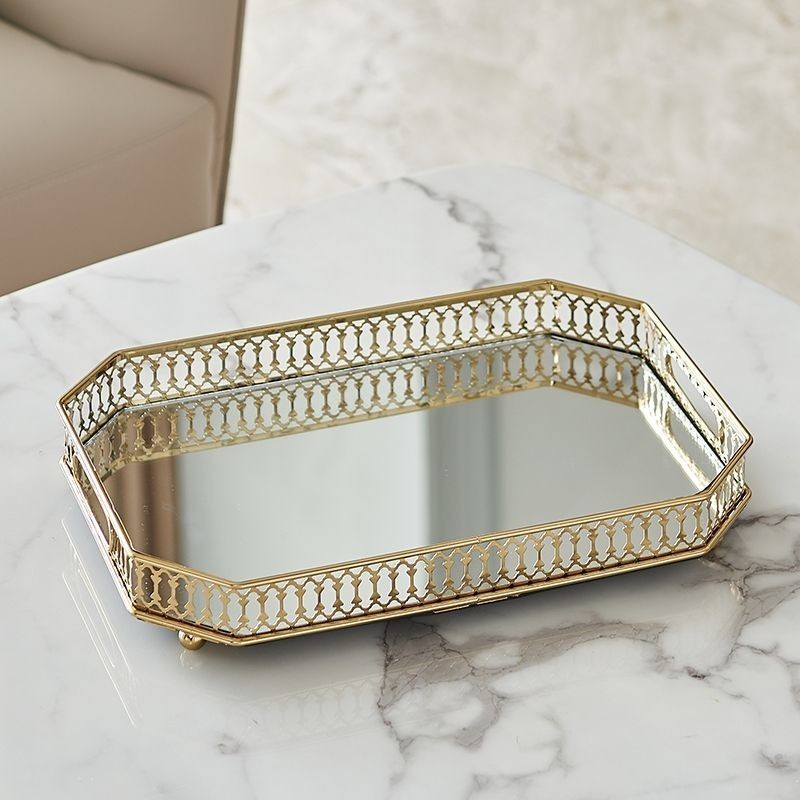 【現貨】北歐風鏡面玻璃金色收納托盤歐式家用客廳茶几輕奢高級感茶杯盤子