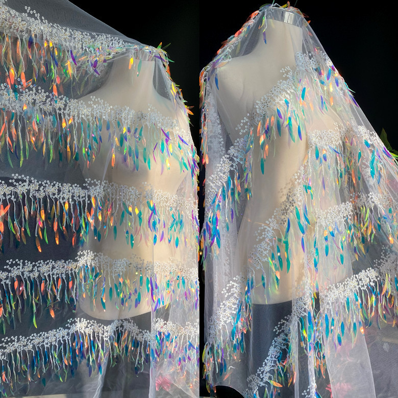精靈設計師漸變色幻彩時裝材質流蘇亮片鐳射服裝婚慶網紗禮服布料