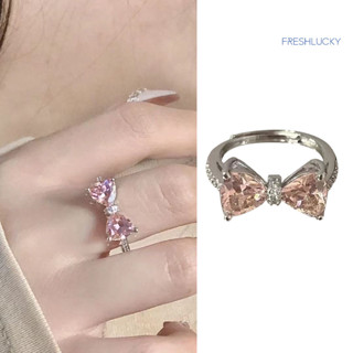 [lucky]粉色蝴蝶結開口戒指女粉鑽鋯石法式少女戒指