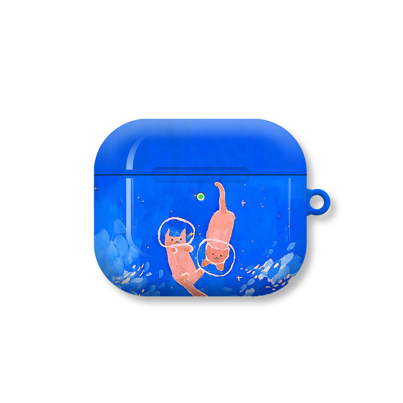 藍色藝術海洋小貓復古可愛插畫個性適用於AirPods3代耳機殼AirPodsPro第二代/一代保護套光面硬殼AirPod