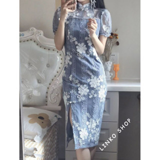 旗袍 藍色 蕾絲旗袍 改良高級感 復古 民國 上海名媛 年輕 氣質 高級~QPD0140