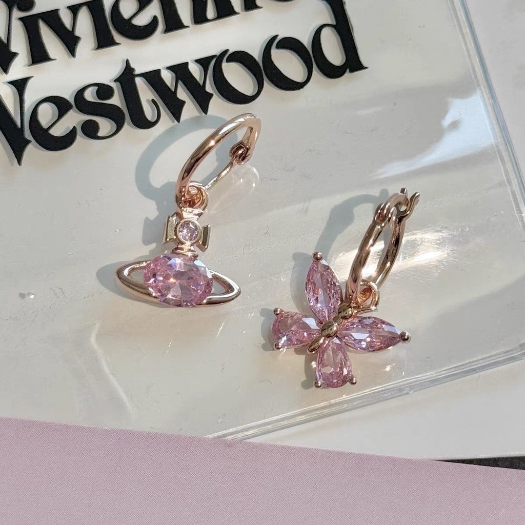 Vivienne Westwood 2024新款晶鑽粉色蝴蝶土星耳環輕奢優雅AB款星球耳環