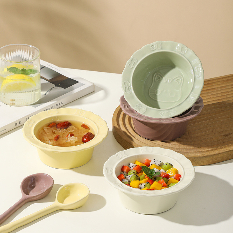 陶瓷空氣炸鍋專用碗 6寸陶瓷碗 可愛甜品早餐碗 米飯碗 點心沙拉碗 燕麥小碗 家用精緻水果碗兒童碗