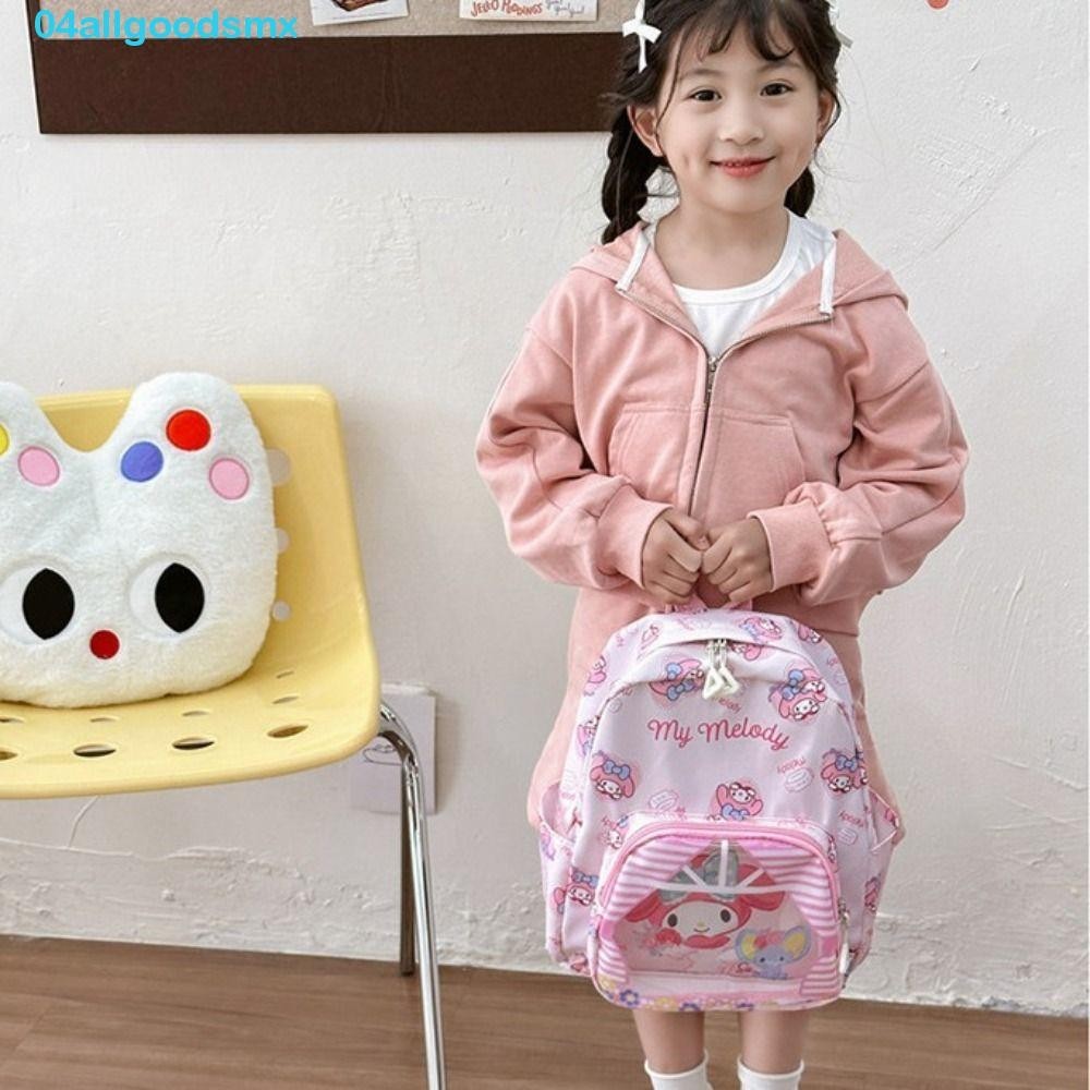 ALLGOODS卡通Kuromi背包,凱蒂貓帶透明口袋兒童書包,甜肉桂韓版風格純色可愛單肩包兒童