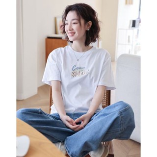 【唯家】卡通字母印花短袖T恤女夏季新款寬鬆冰絲涼感韓系休閒ins白色上衣