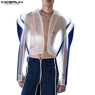 Incerun 男士復古街頭時尚翻領撞色拼接透視休閒西裝外套