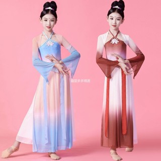 臺灣出貨 兒童古典舞演出服民族舞中國飄逸紗衣女童練功古風扇子舞舞蹈表演 兒童古典舞服 女童舞蹈服 古風演出服 古典服WD