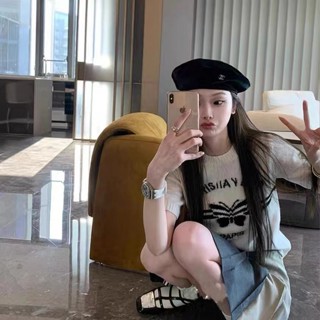 Balamy 法式羊毛針織衫女春夏新蝴蝶字母提花圓領高階修身短袖上衣潮
