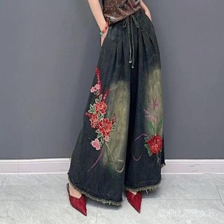 大尺碼複古風牛仔褲 闊腿牛仔褲 高腰牛仔褲2025年新款新中式時尚刺繡高腰牛仔闊腿褲裙民族寬鬆休閒百搭大碼