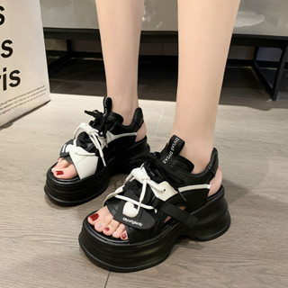 「Chicwalks女鞋店」 7cm厚底增高 真皮鬆糕涼鞋女 運動羅馬涼鞋 拼色